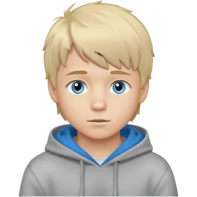 Teen boy with blue eyes and Grey hoodie standing up with blond short hair and fluffy bangs emoji