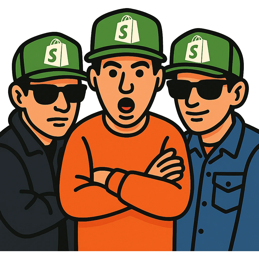 the Beastie Boys wearing hats with the Shopify logo emoji