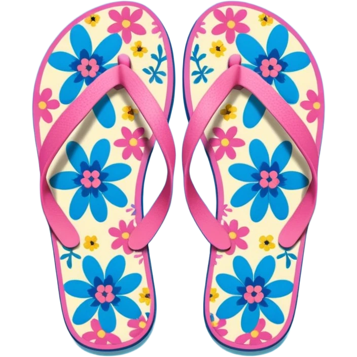 A pair of flip-flops, one pink and one blue, with a floral pattern. emoji