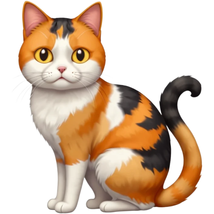 full body colourful calico cat with skinny head and fat body with an anxious face emoji