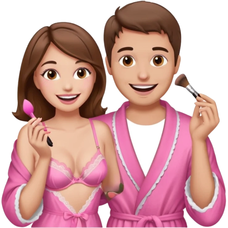 brown hair male getting sissified in pink lingerie dress by his wife. the wife is crying with laughter. she is doing makeup emoji