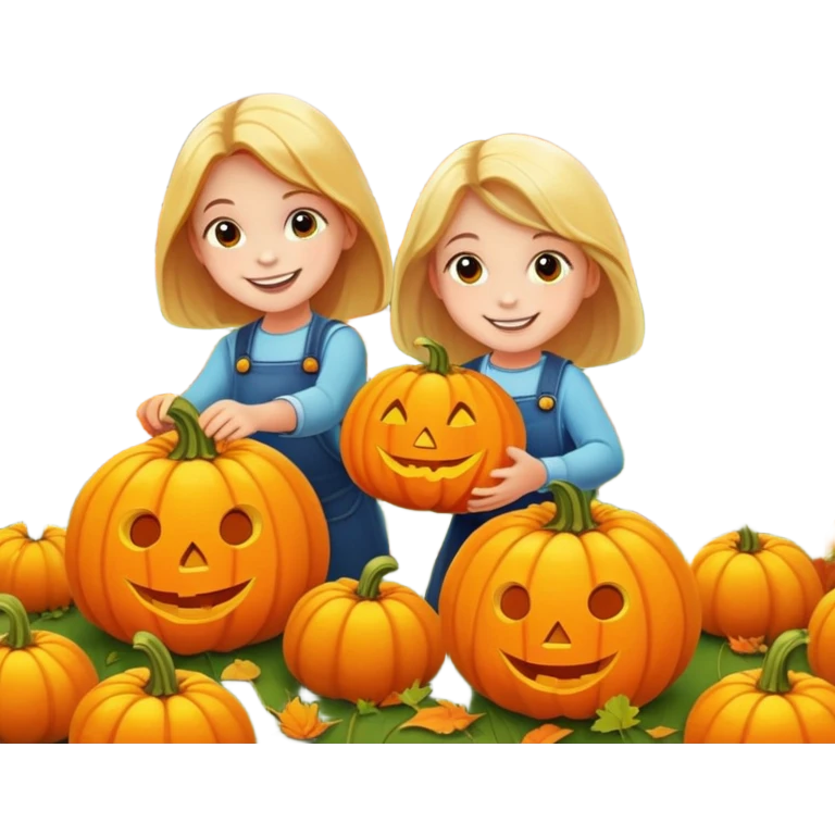 children picking pumpkins in a pumpkin patch, orange leaves, happy faces emoji