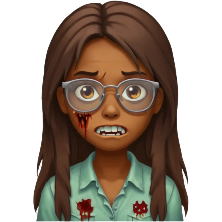 Girl zombie with brown long hair with teeth and serious face IOS style with glasses emoji