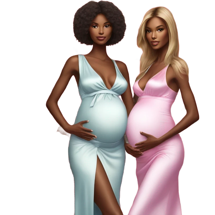 Realistic Photo of 2 Victoria secret models pregnant posing with flowers emoji