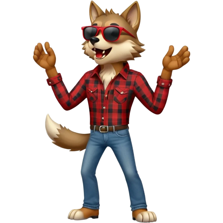 friendly anthropomorphised wolf in jeans and plaid shirt, wearing dark sunglasses, howling, upright pose emoji
