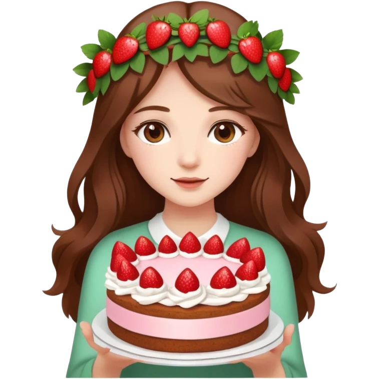 A beautiful girl with long brown hair and a wreath holding a strawberry cake emoji