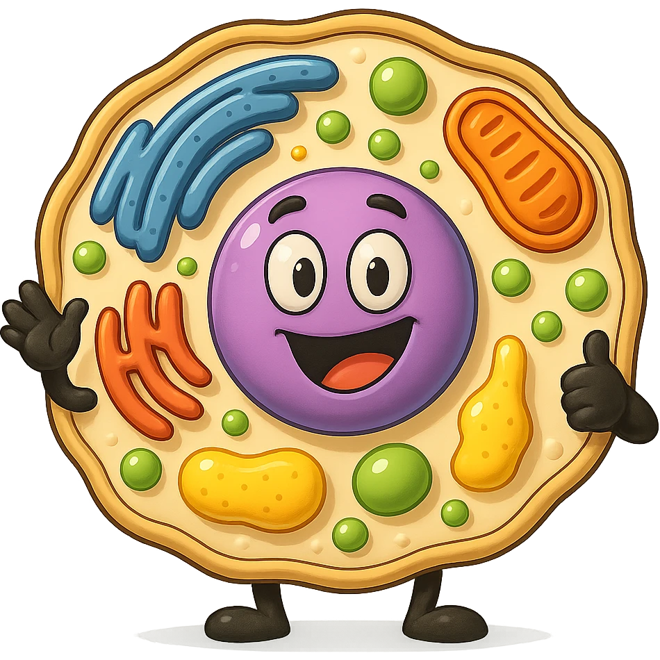 Make the cell and organelles more 3D and cartoon style, remove the background, with vibrant colors and smooth shading typical of western adult animation cartoons. emoji