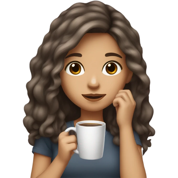 A girl with brown hair with dark gray highlights, fair skin, long, soft, beautiful hair, soft lips, brown eyes, drinking coffee, and a small nose. emoji