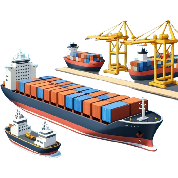 A 3D cartoon cargo or passenger seaport terminal with cranes and ships docked, calm lighting, Memoji-style realism. emoji