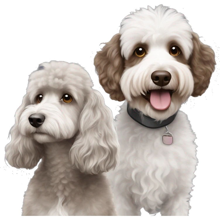 Brown and white poodle beside a all grey aussiedoodle emoji