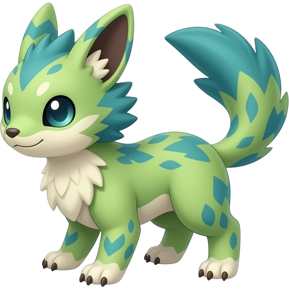 Feathery speckled flecked Japanese oriental asian painted Greenish beautiful handsome gorgeous aesthetic colorful vibrant Vernid-Trico-species-Fakemon-creature by LiLaiRa, 4 legs, 1 tail, random markings, (full body) emoji