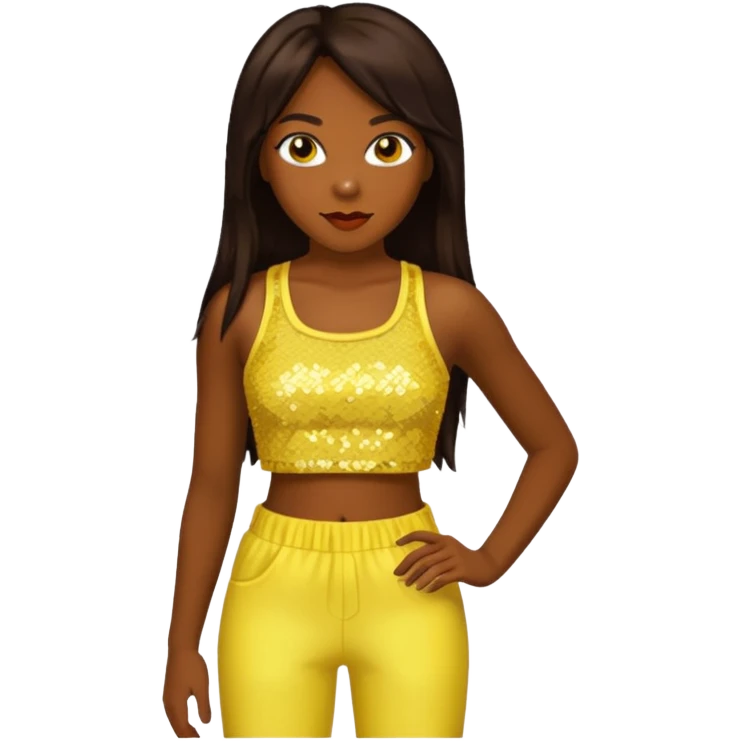Chilli from TLC with long dark brown hair, yellow sequin crop top and pants, dark skin  emoji