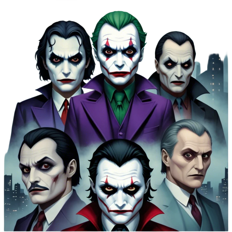 Thriller Movie Icon: A dark, intense collage with close-up images of iconic thriller characters like Joker, Hannibal Lecter, and Vlad Dracula. The background features a moody Gotham City skyline, with shadowy figures and fog. Atmospheric, suspenseful tone. Transparent background. emoji