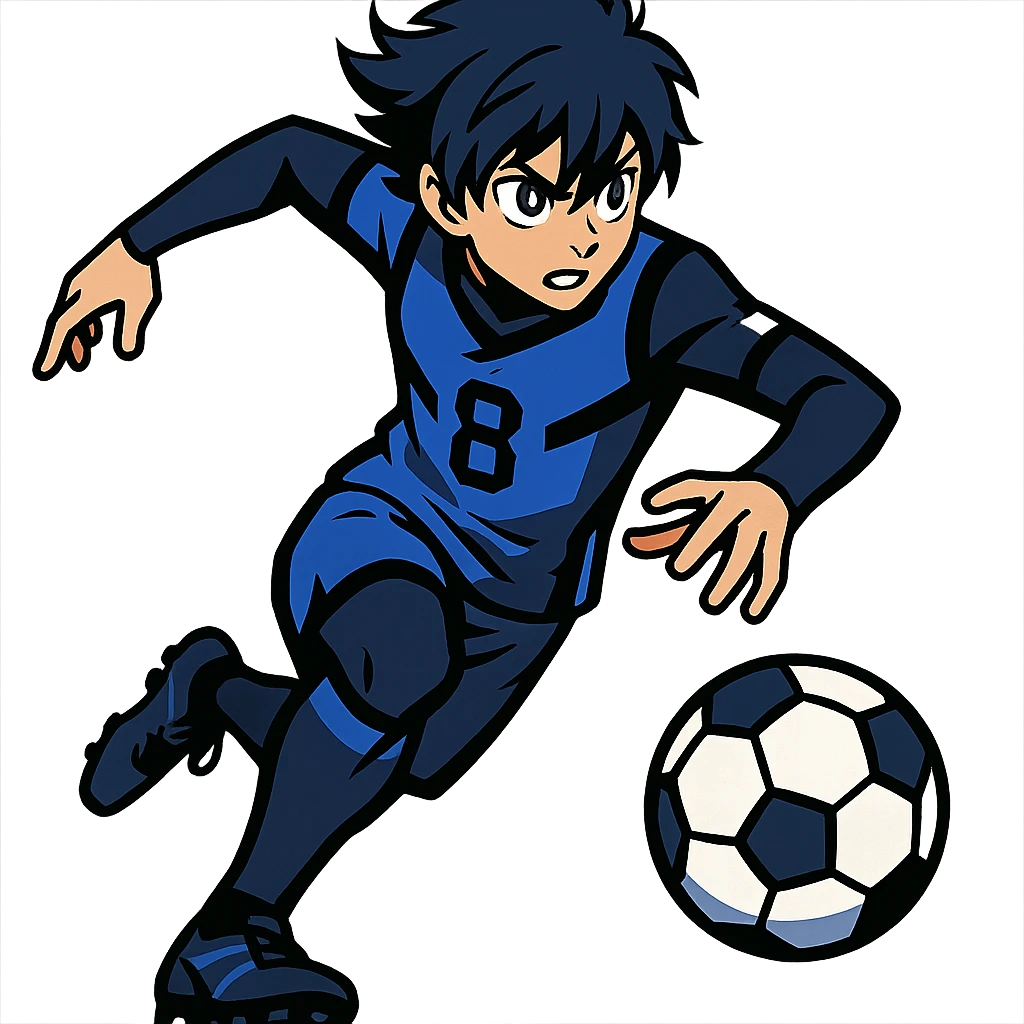 anime soccer player inspired by Blue Lock, dynamic pose, blue and black uniform emoji