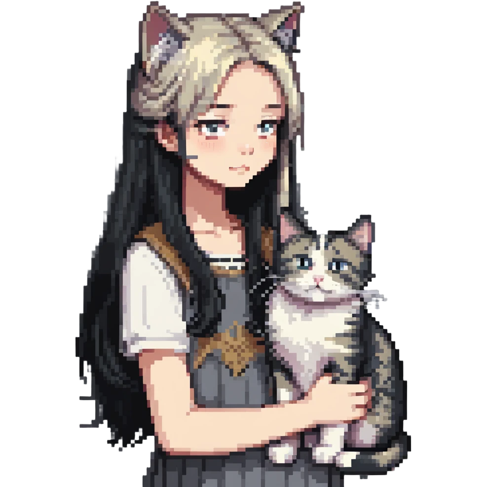 Beautiful girl with long black hair petting a gray and blonde mixed cat emoji