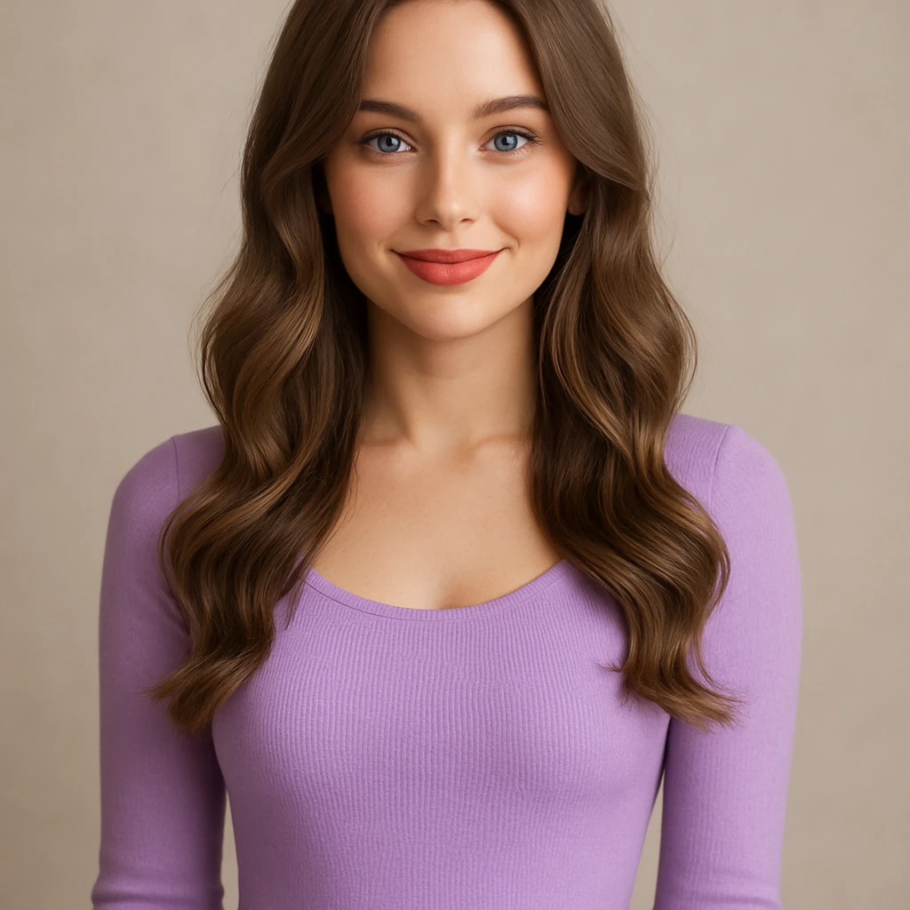 A pretty woman with a sweet smile, long slightly curly ash brown hair, blue eyes, nude lipstick, in a snug lilac dress, radiating chic and elegant vibes. emoji