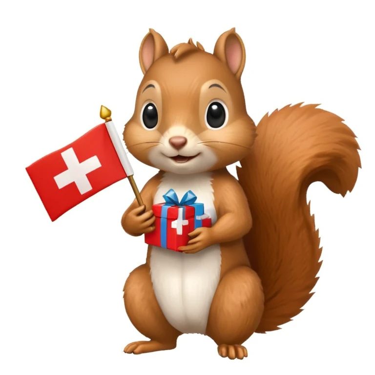 a squirrel holding a gift box and a Swiss flag, both objects clearly visible, simple white background emoji