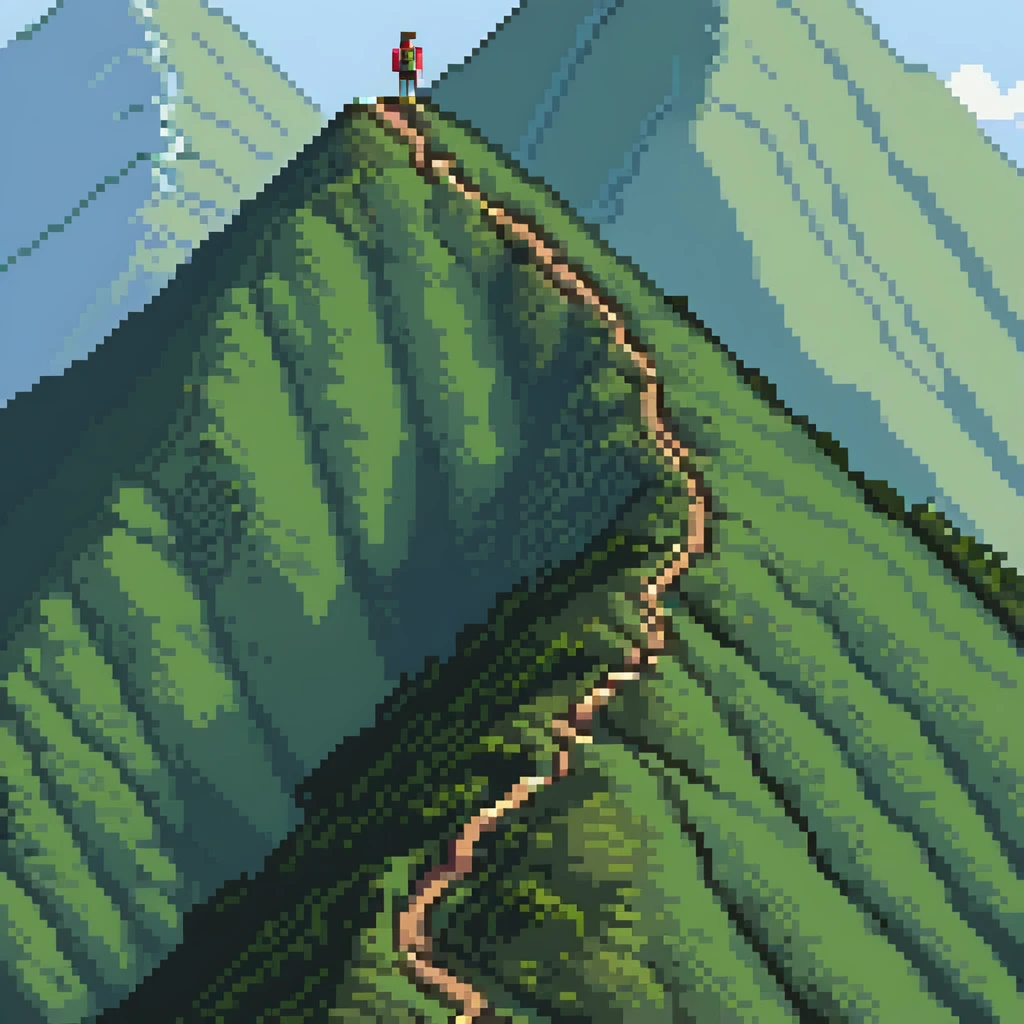 person traversing down one mountain and up another mountain, showing path through a valley emoji