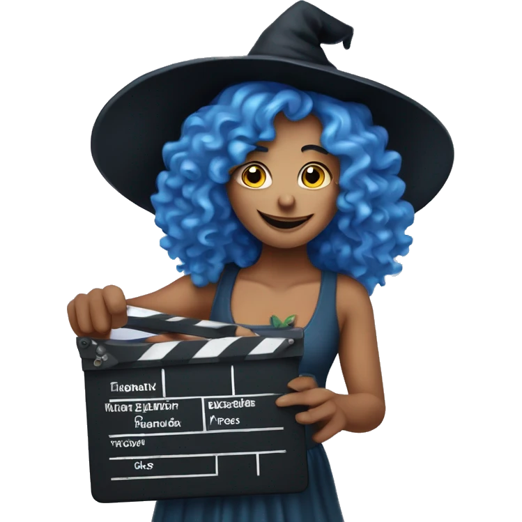 blue-curly-haired witch with a clapperboard in her hands emoji