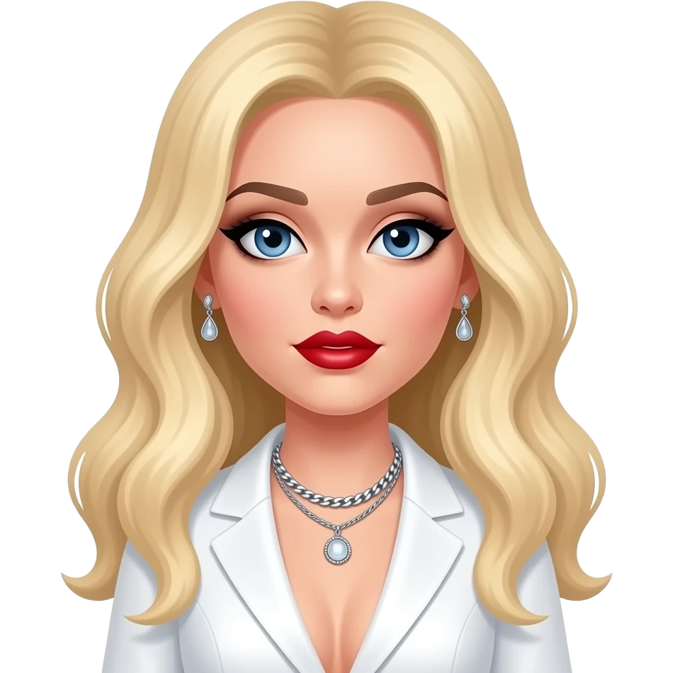 Madonna with blue eyes, long blonde hair, black eyeshadow, red lipstick, white pop idol outfit , necklace and earrings emoji