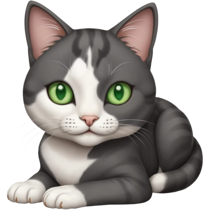 beautiful female solid dark grey cat with green eyes, white toes/paws and white patch on her chest rolling over emoji