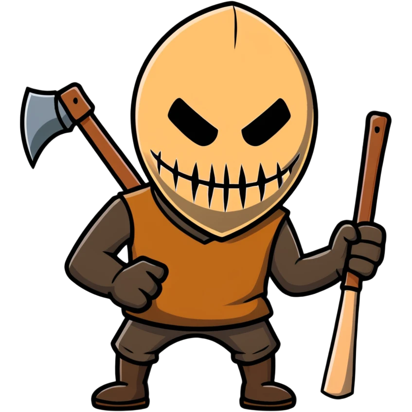 slasher film character with dirty burlap sack mask and axe emoji