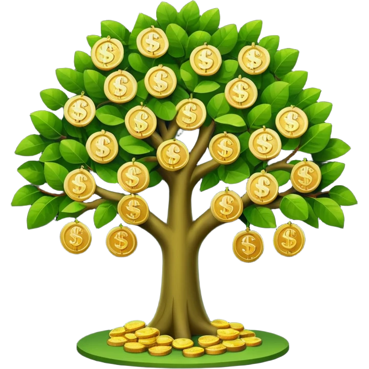 Apple-style money tree, round soft green canopy.
No pot, no ground — only the tree.
Small gold coins as fruits inside the leaves (not below).
Flat 2D vector, clean shapes, no gradients.
Dark near-black background, premium fintech icon. emoji