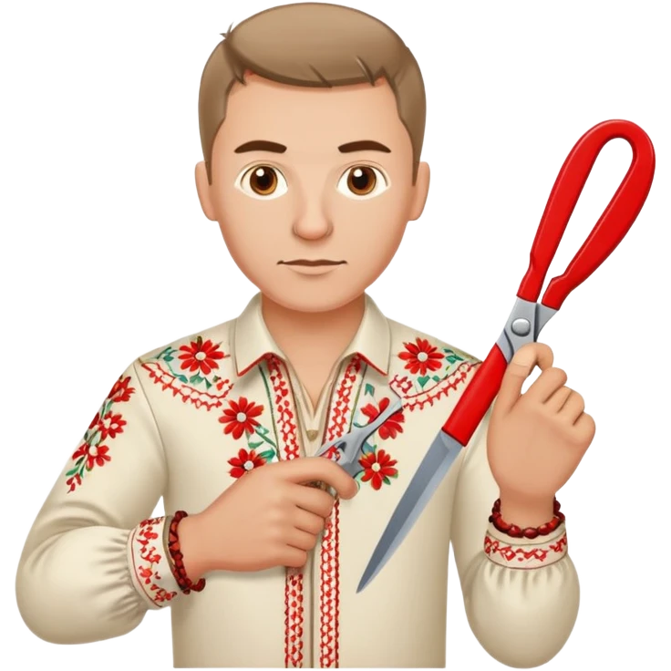 Ukrainian man in traditional vyshyvanka embroidered shirt holding red scissors in one hand and a spanner in the other hand emoji