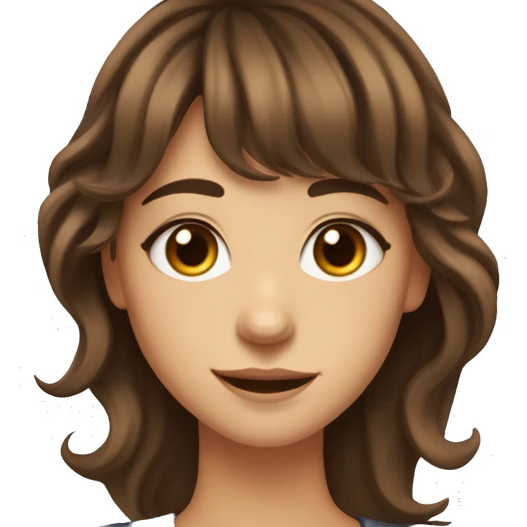pretty girl with brown wavy hair and bangs,and brown eyes, long lashes, cheek dimples smiling emoji