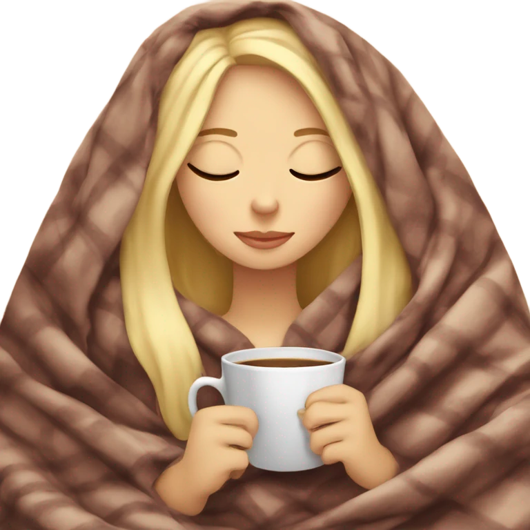 Blonde girl inside a blanket sipping coffee eyes closed emoji