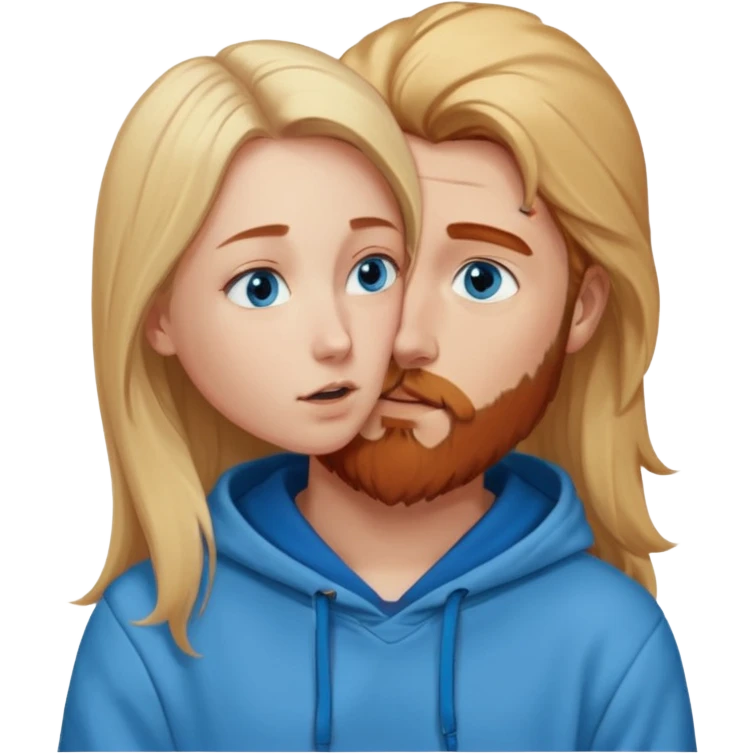 Long-pale-blonde hair, beautiful girl with blue eyes-wearing a light blue hoodie, facing, kissing reddish-brownish hair and beard boy blue eyed white guy in a dark blue hoodie emoji