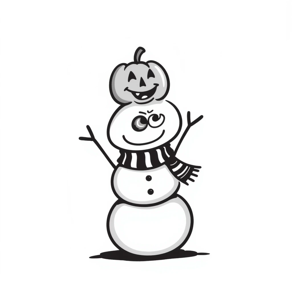 a snowman with a carved pumpkin on its head, hand drawn doodle style, whimsical and detailed emoji