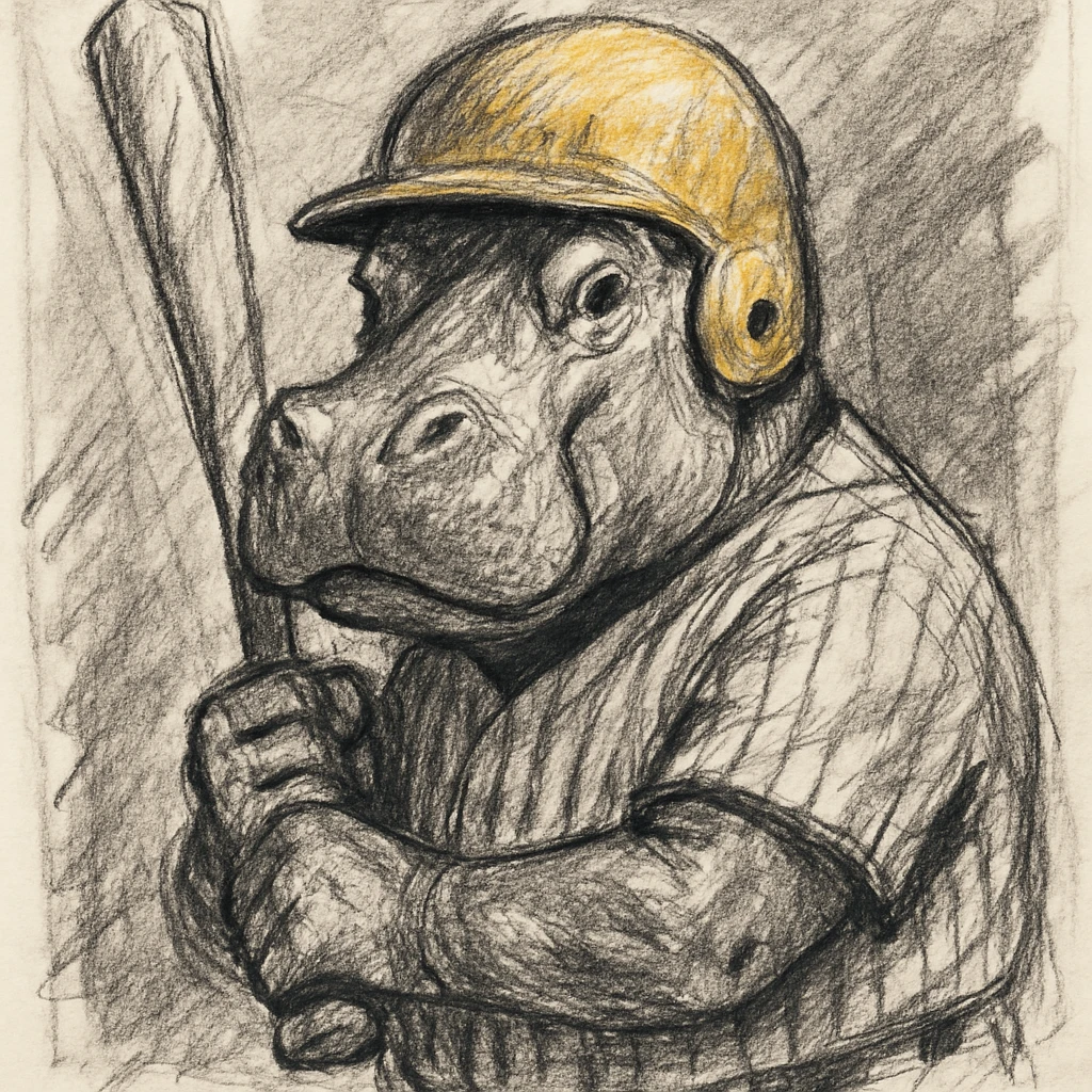 hippo holding a baseball bat, wearing a yellow helmet, pinstripes outfit emoji