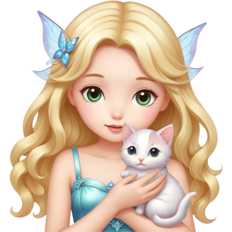 Very dreamy-pretty-fashionable-cute-shiny-ladylike-soft style-kawaii-beautiful-beautiful-hair-fairy style-holding a kitten emoji