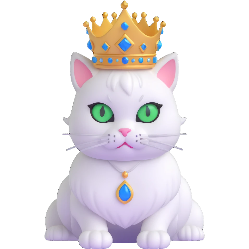 white cat with one green eye and one blue eye, wearing a princess crown emoji