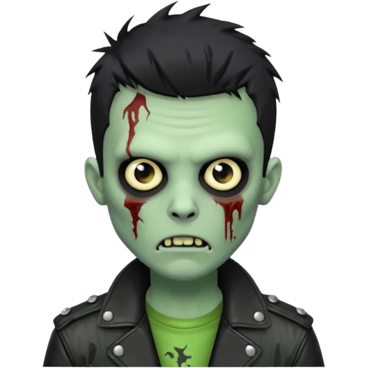 Hombre zombie de piel verde con chaqueta de cuero punk, pelo corto negro emoji