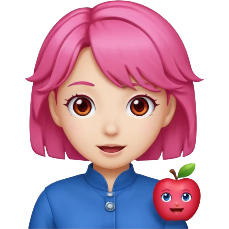 Teto Kasane emoji, apple style, pink twin-drill hair, red eyes, blue outfit, cheerful expression emoji