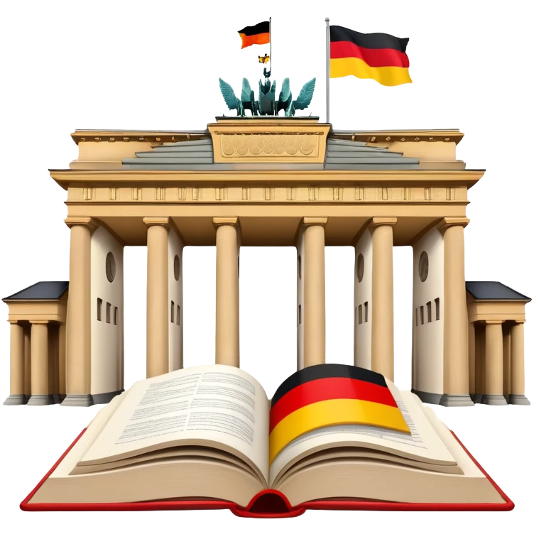An icon featuring the Brandenburg Gate and the big flag of Germany, symbolizing the German language. The design includes an open book with German text representing language learning and German culture. Transparent background highlights the essence of German heritage. emoji
