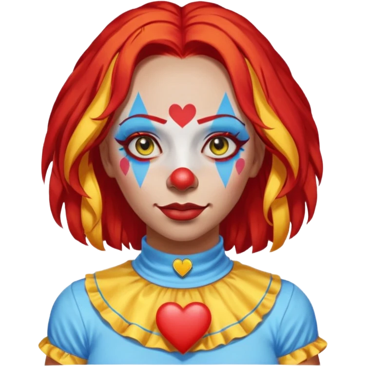 wendy thomas  the clown from gta rp nopixel she has a blue sun on covering right eye with three yellow lines below her right eye and above her left eye. she has long bright red hair and light blue eyes with a heart choker emoji