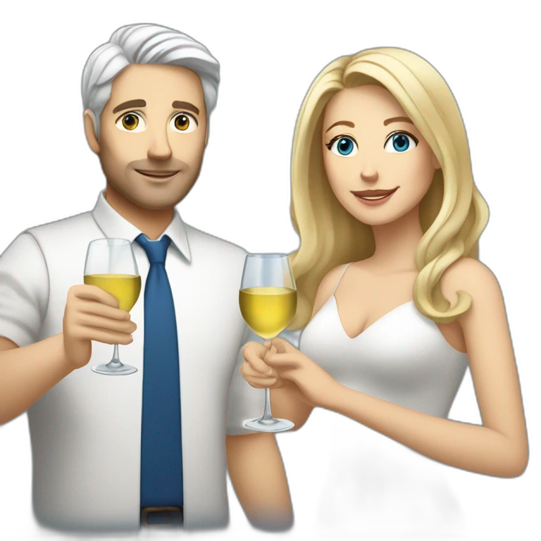 A white woman with brown eyes and blond medium long hair and a white man with blue eyes and grey hair, toasting with a glass of white wine emoji