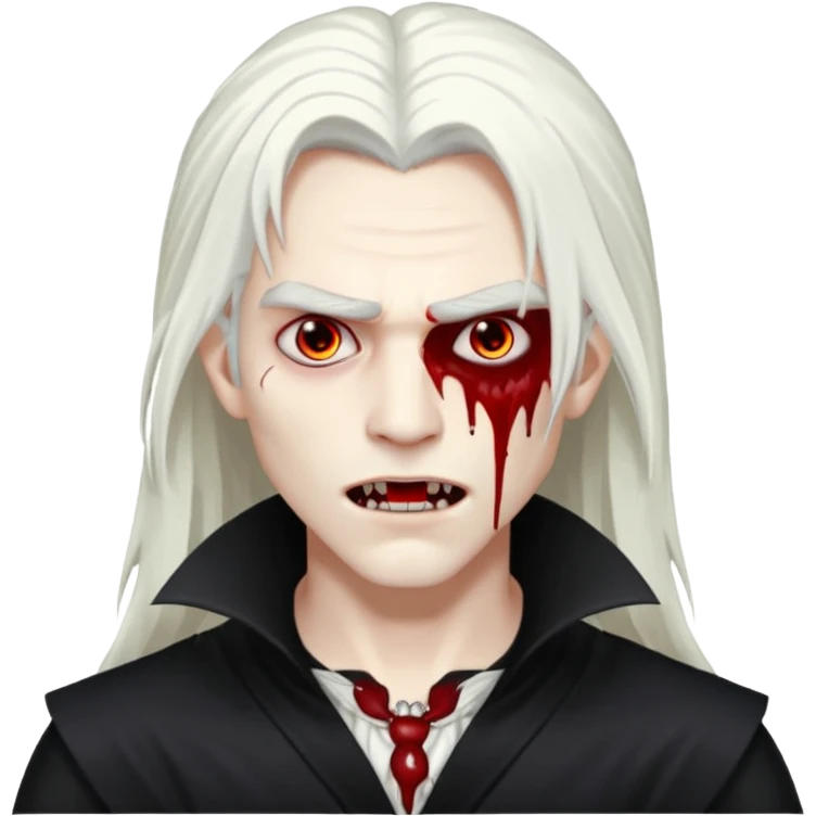 Creat a young man Vampire that have long white hair and white skin and full black eyes and bloody mouth and full black outfit  emoji