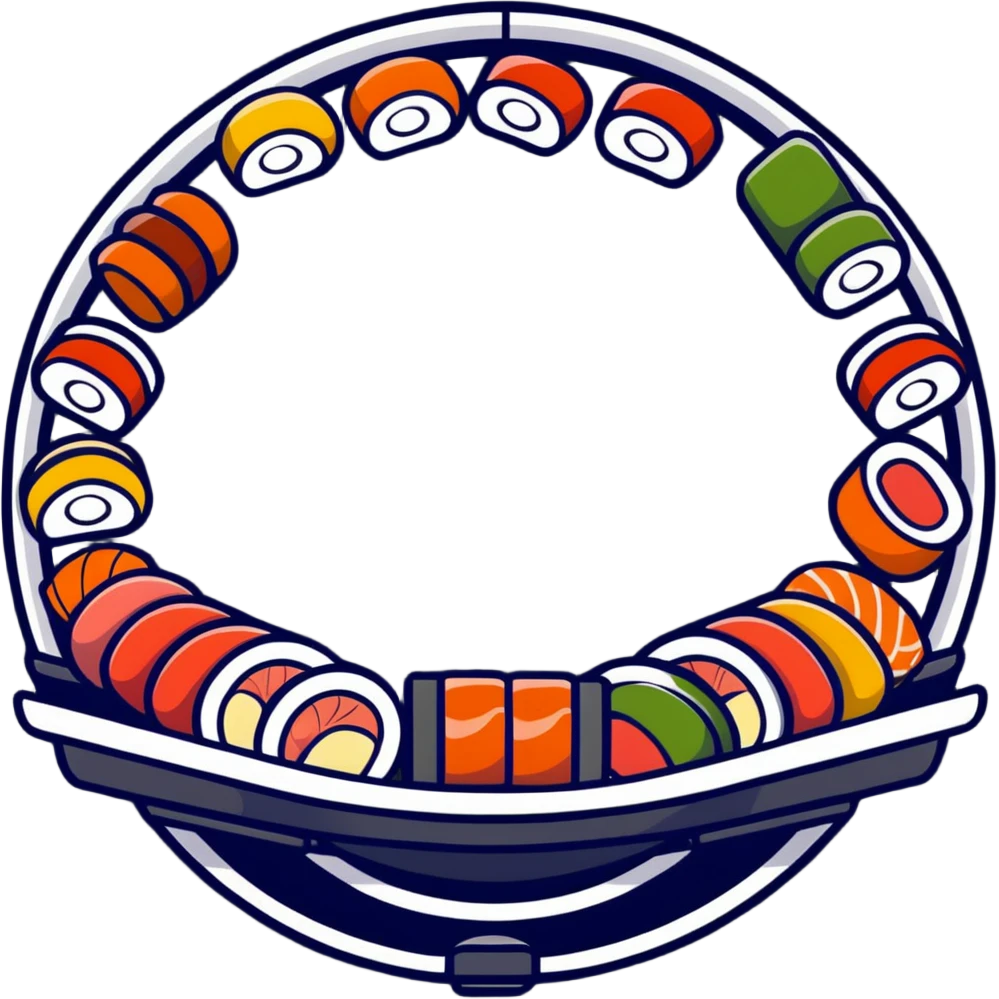 rotating sushi conveyor belt restaurant with colorful sushi plates emoji