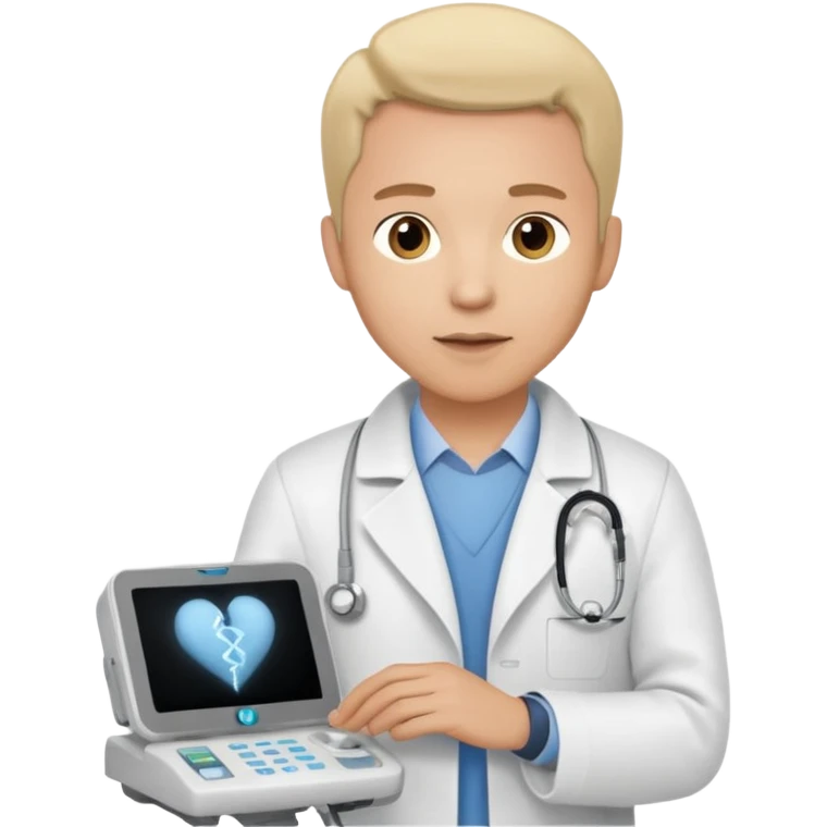Cardiac sonographer male long white coat GE machine emoji
