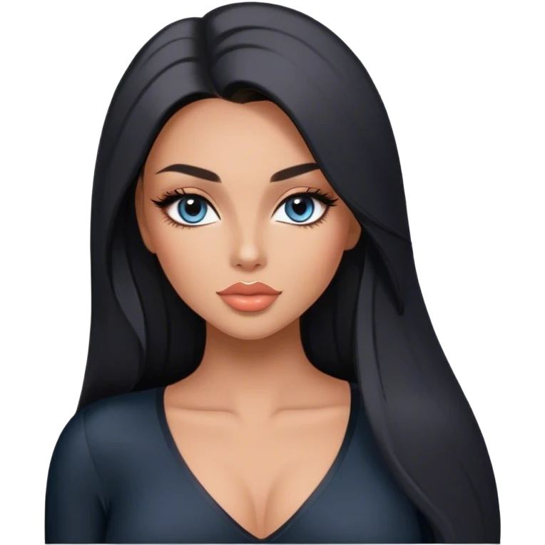 Glamours, tanned, very beautiful girl, with big pump peach-beige-rose lips, long long lashes, black straight smooth silky long hair, straight parting hair, blue-grey eyes in black long-sleeves v-neck bodysuit emoji