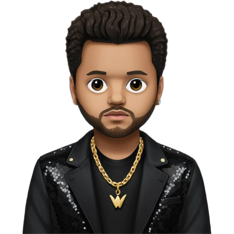 The Weeknd with black sequin jacket, black shirt with necklace, dark brown hair emoji