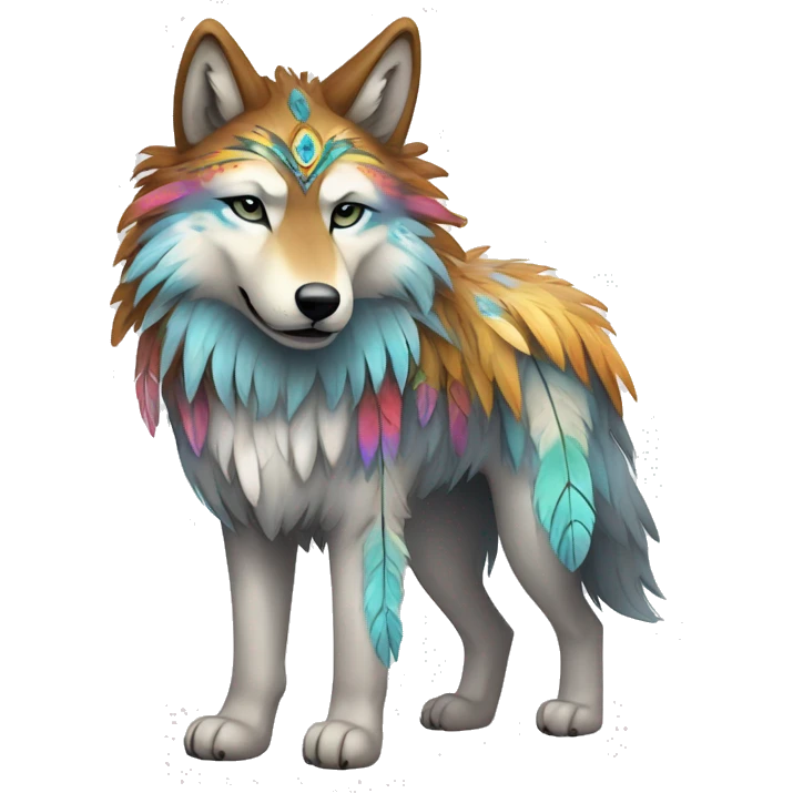 Fluffy Shy Colorful Spiritual Shamanic Wolf With Shiny Tribal Markings wearing feathers Full Body emoji