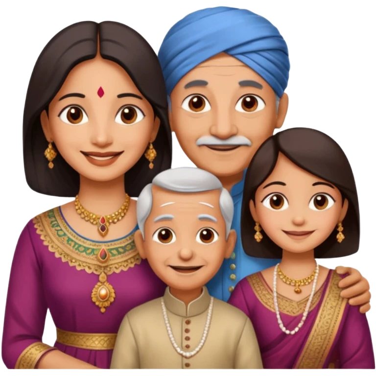 Indian family with a 70 years old father and mother and a 40 years old daughter. They wear a traditional dress. They are smiling. emoji