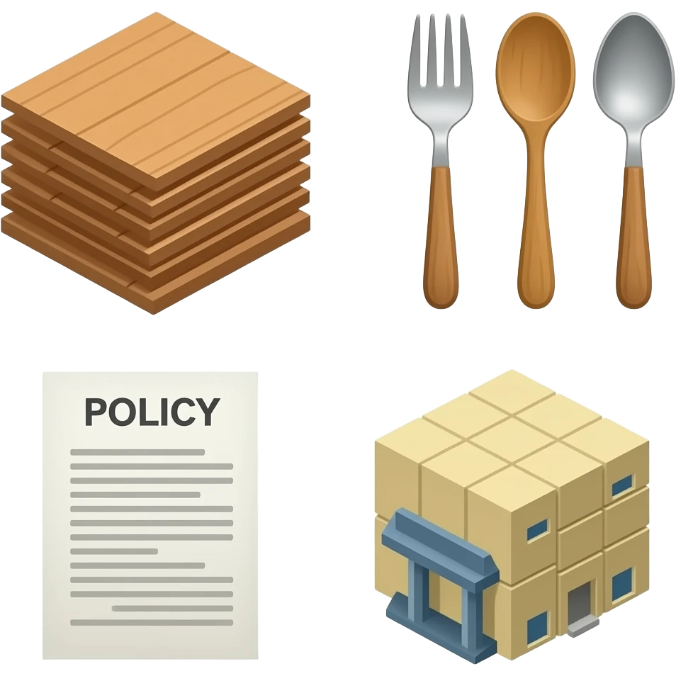 Collage of building material, kitchen ware, policies, hardware emoji