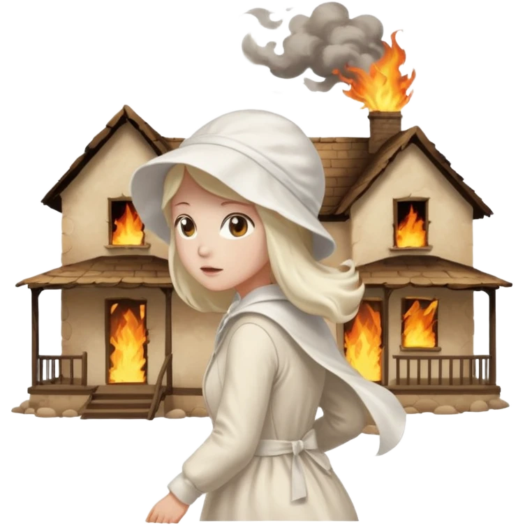 handmaids tale style woman burning house down walking away from house. shes wearing the nun hands maid tale hat cant see her face emoji