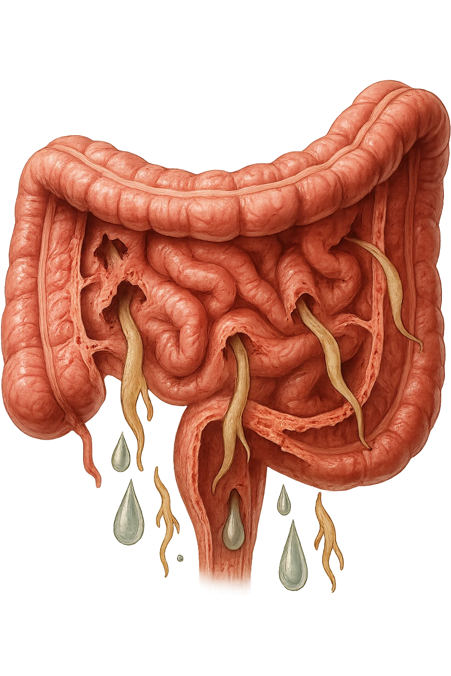 Realistic medical image of microscopic parasites leaving the intestines after taking natural kinesiological drops, symbolizing detox and cleansing. emoji